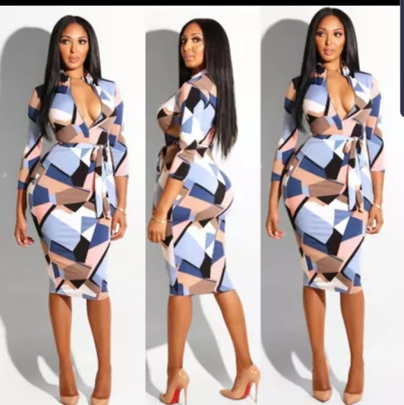 LONG SLEEVE  BODYCON GEOMETRIC PATTERN DRESS - Picture 2 of 8